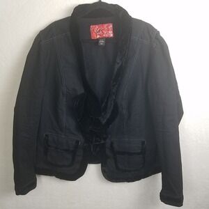 Venezia VNTG 90s Venezia Black Velvet Trim Ruffle Front Blazer Jacket Women22 24
